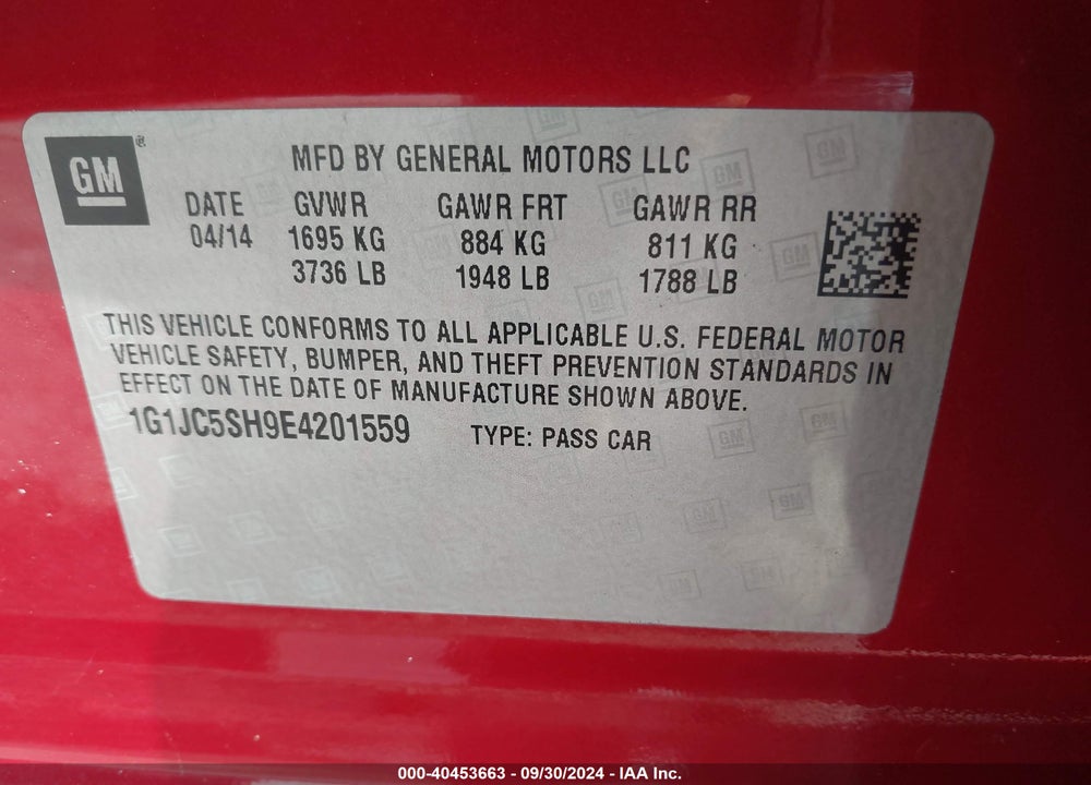 2014 CHEVROLET SONIC LT AUTO VIN: 1G1JC5SH9E4201559