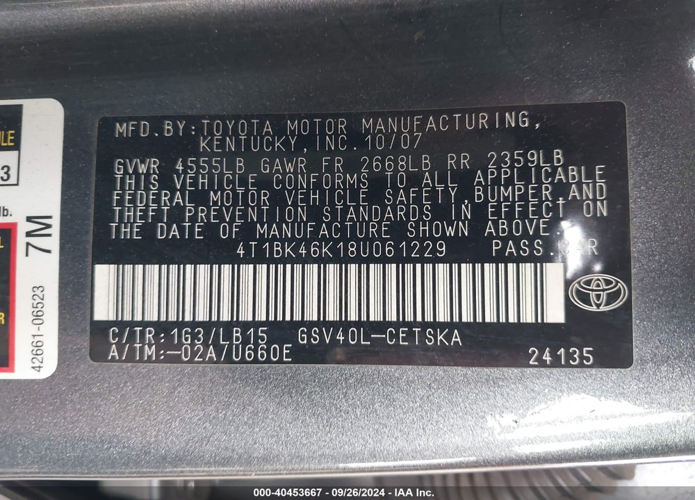 2008 TOYOTA CAMRY SE V6 VIN: 4T1BK46K18U061229
