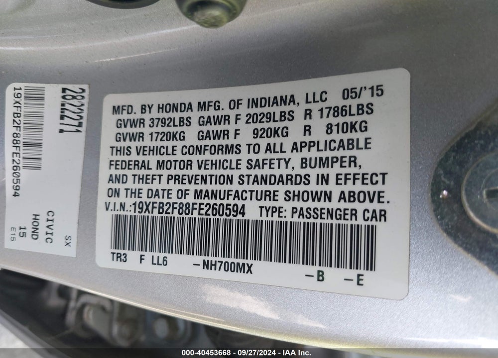 2015 HONDA CIVIC EX VIN: 19XFB2F88FE260594