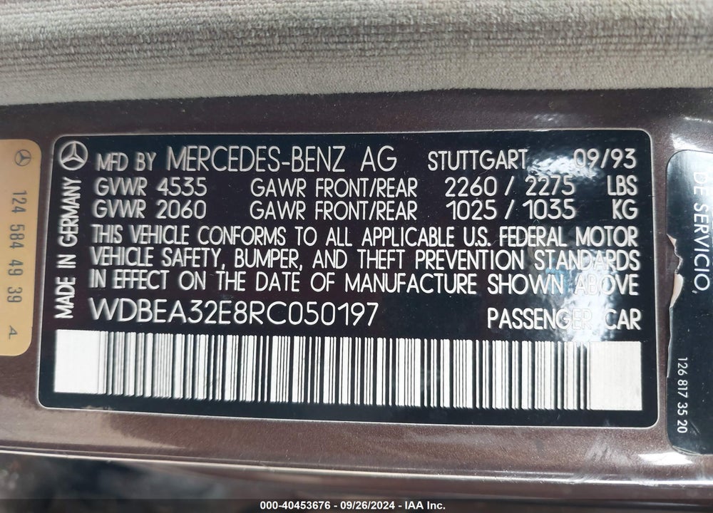 1994 MERCEDES-BENZ E 320 VIN: WDBEA32E8RC050197