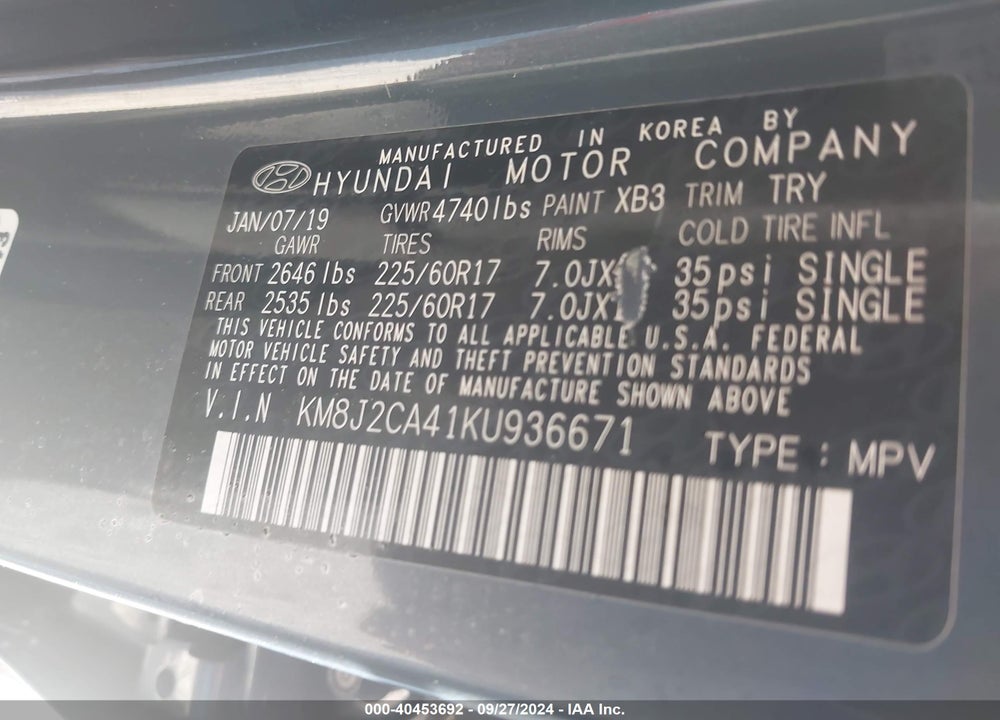 2019 HYUNDAI TUCSON SE VIN: KM8J2CA41KU936671