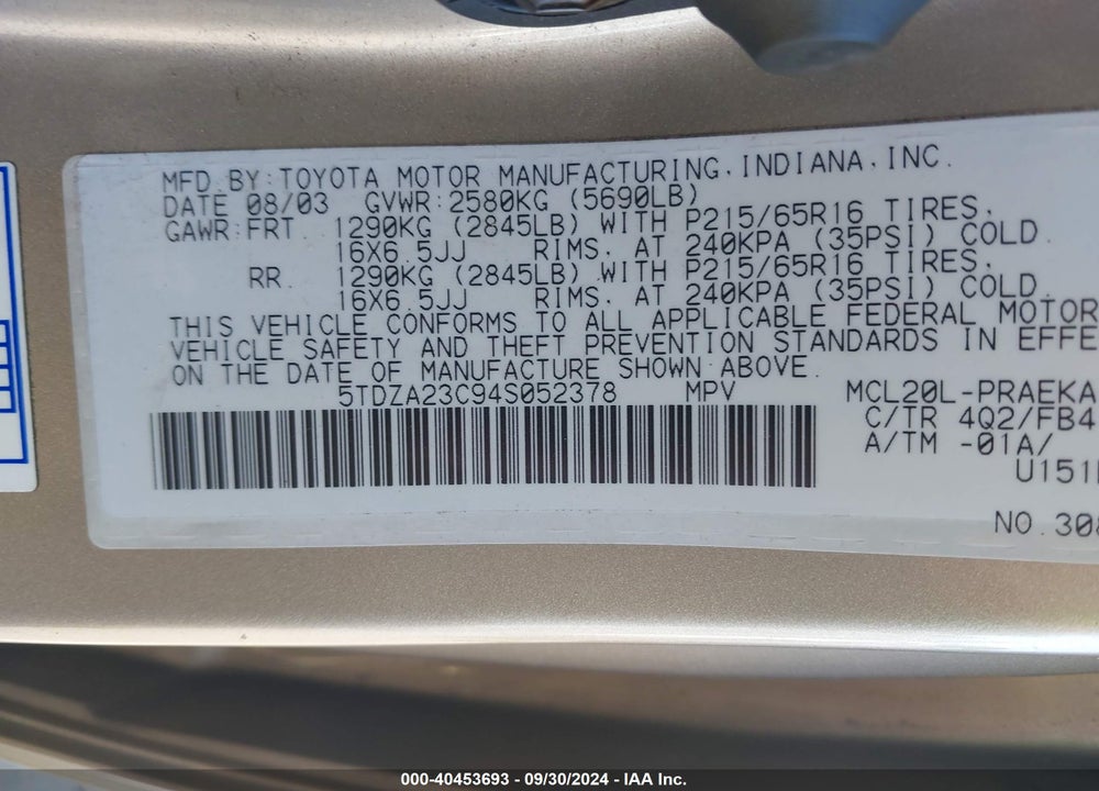 2004 TOYOTA SIENNA LE VIN: 5TDZA23C94S052378