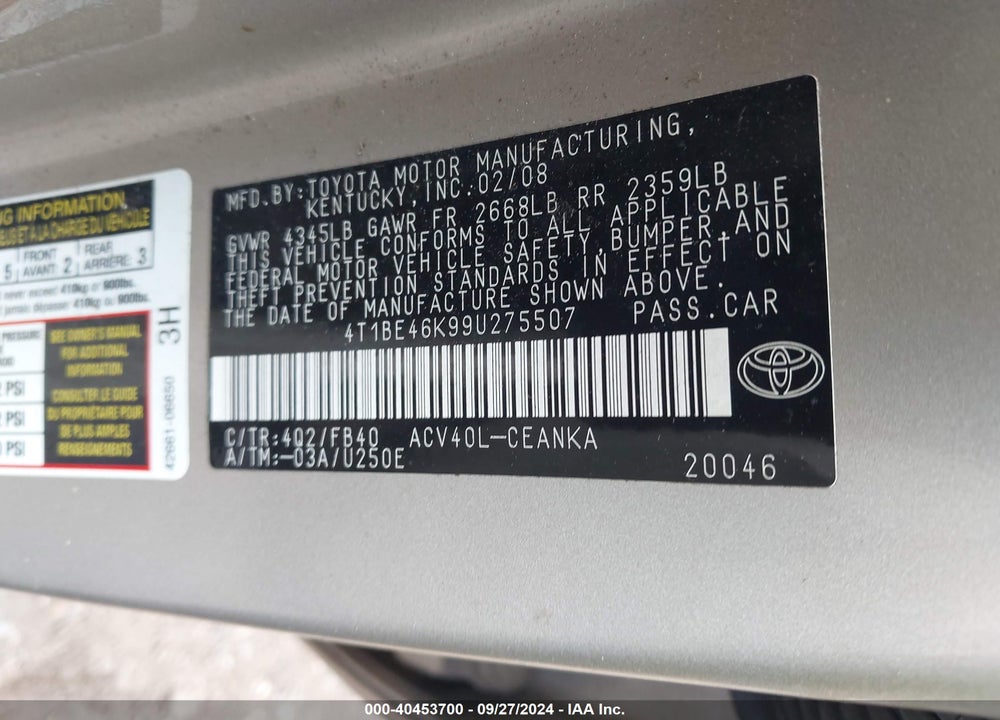 2009 TOYOTA CAMRY VIN: 4T1BE46K99U275507