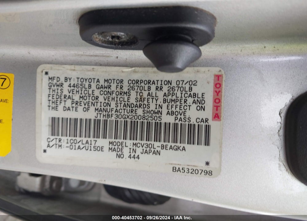 2002 LEXUS ES 300 VIN: JTHBF30GX20082505