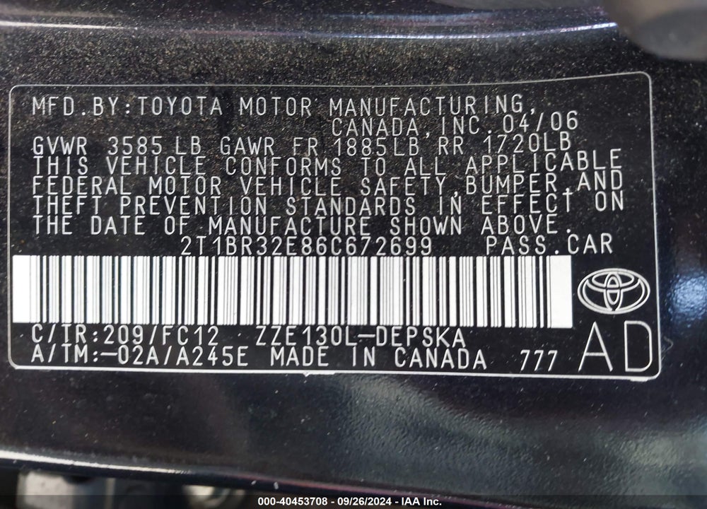 2006 TOYOTA COROLLA S VIN: 2T1BR32E86C672699