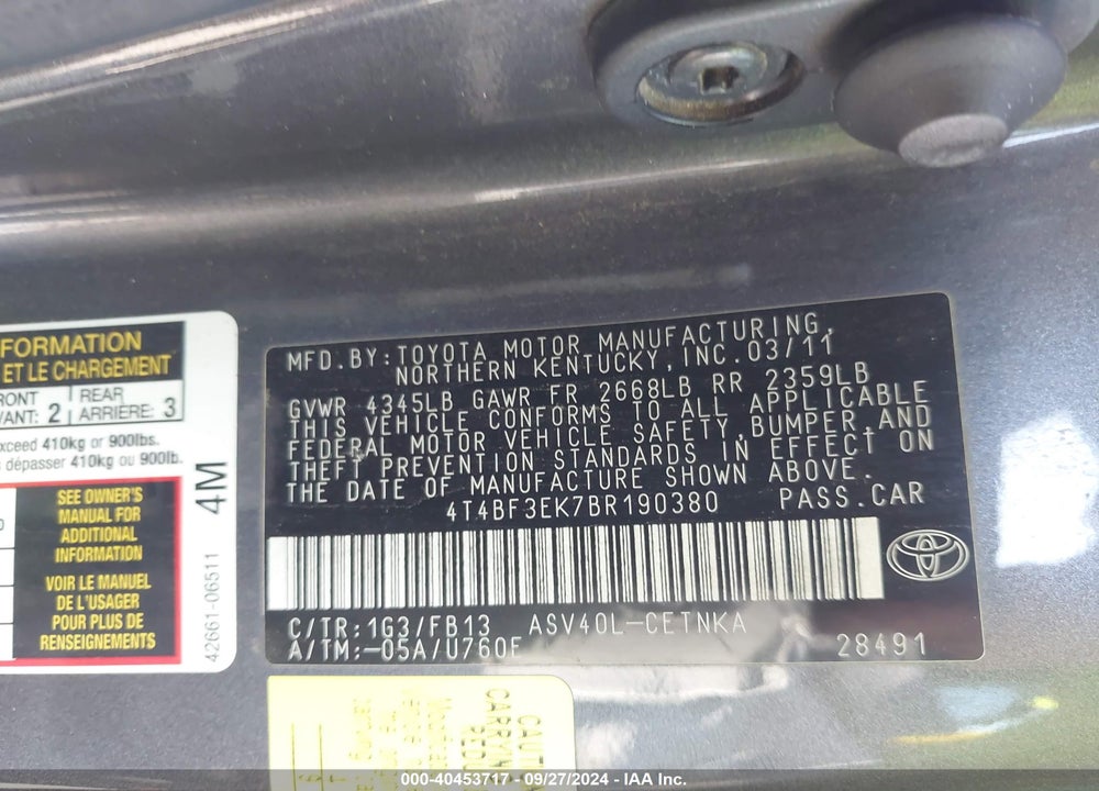 2011 TOYOTA CAMRY LE VIN: 4T4BF3EK7BR190380