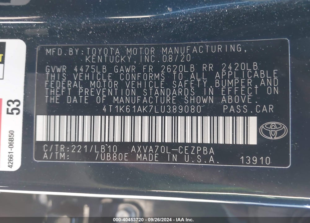 2020 TOYOTA CAMRY XSE VIN: 4T1K61AK7LU389080