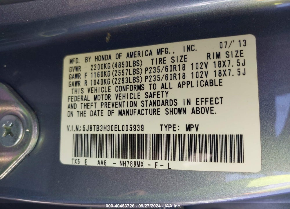 2014 ACURA RDX VIN: 5J8TB3H30EL005939