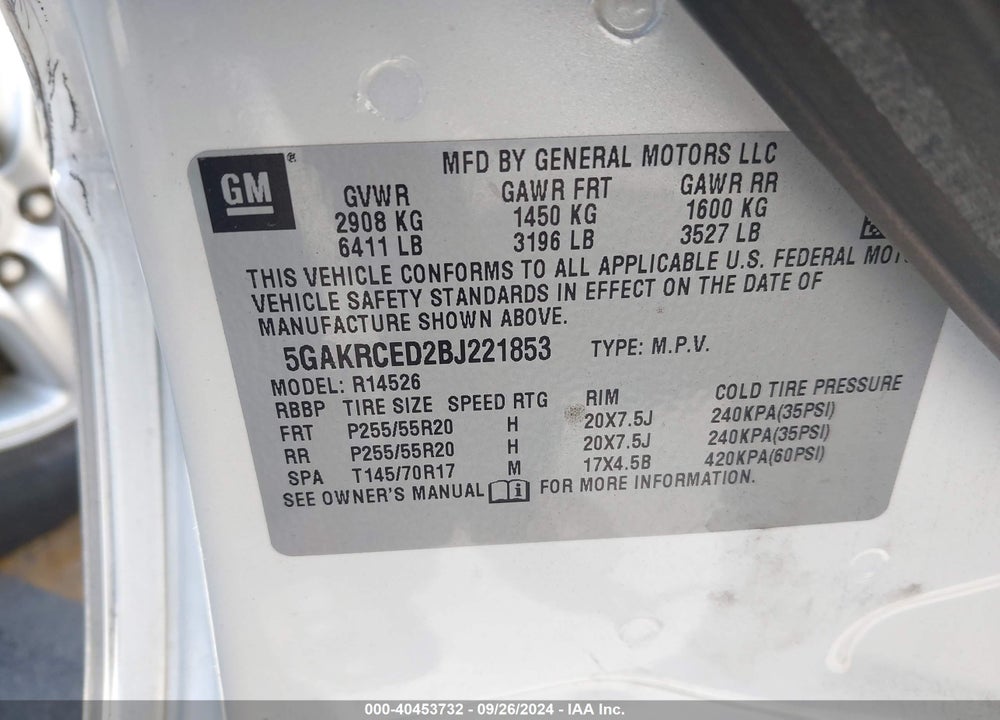 2011 BUICK ENCLAVE 2XL VIN: 5GAKRCED2BJ221853