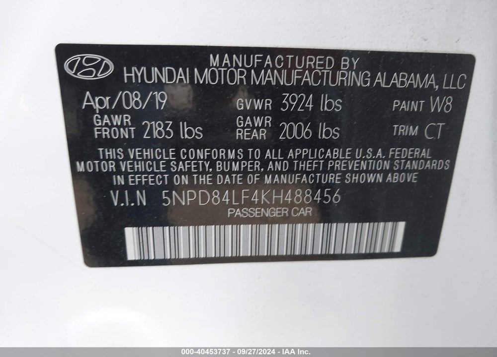 2019 HYUNDAI ELANTRA SEL VIN: 5NPD84LF4KH488456
