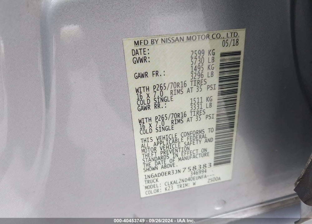 2018 NISSAN FRONTIER SV VIN: 1N6AD0ER3JN758383