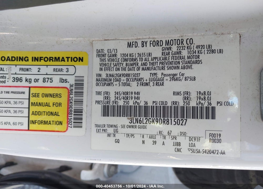 2013 LINCOLN MKZ VIN: 3LN6L2GK9DR815027