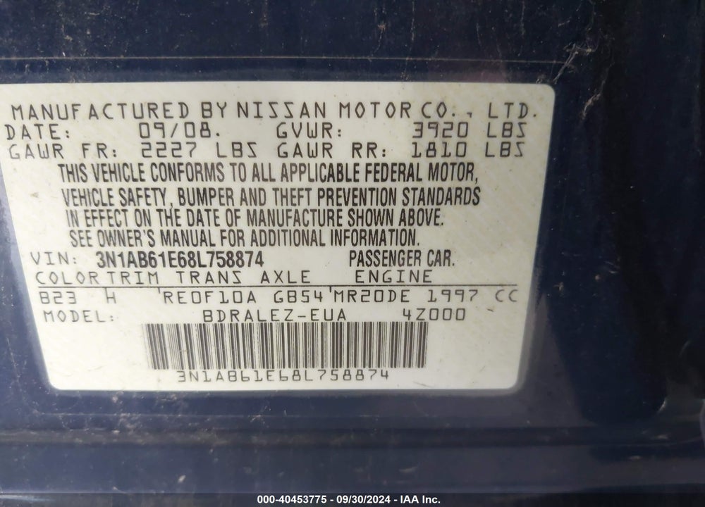 2008 NISSAN SENTRA 2.0S VIN: 3N1AB61E68L758874