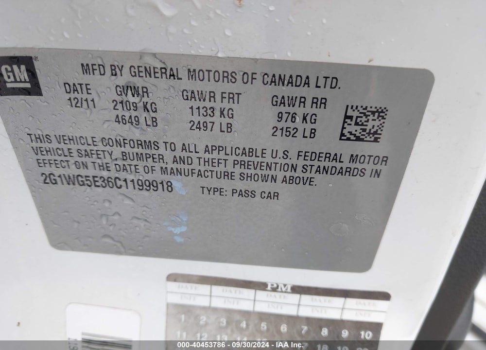 2012 CHEVROLET IMPALA LT VIN: 2G1WG5E36C1199918