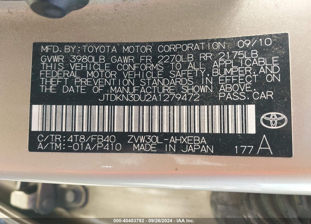 2010 TOYOTA PRIUS II VIN: JTDKN3DU2A1279472