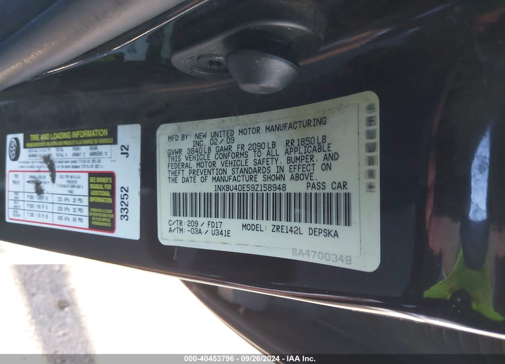 2009 TOYOTA COROLLA S VIN: 1NXBU40E59Z158948