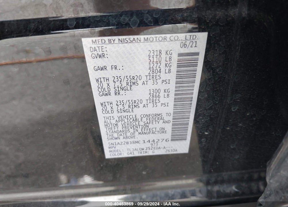 2021 NISSAN MURANO VIN: 5N1AZ2BJ8MC144276