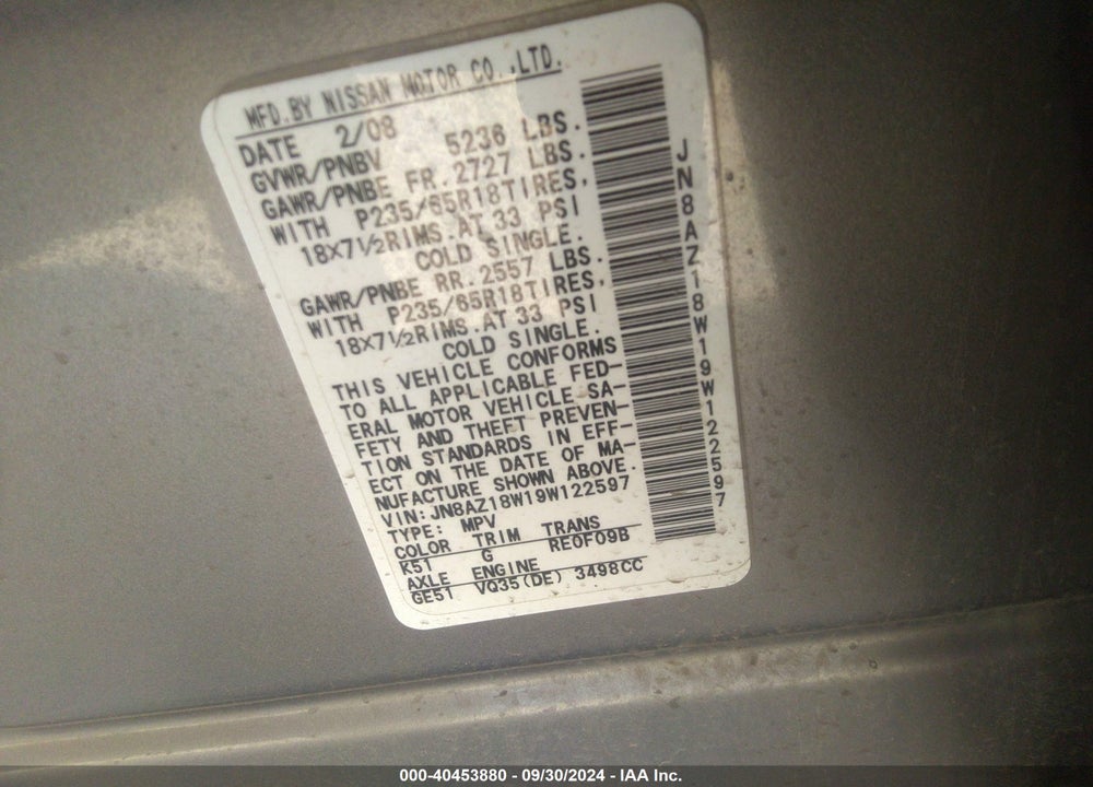 2009 NISSAN MURANO SL VIN: JN8AZ18W19W122597