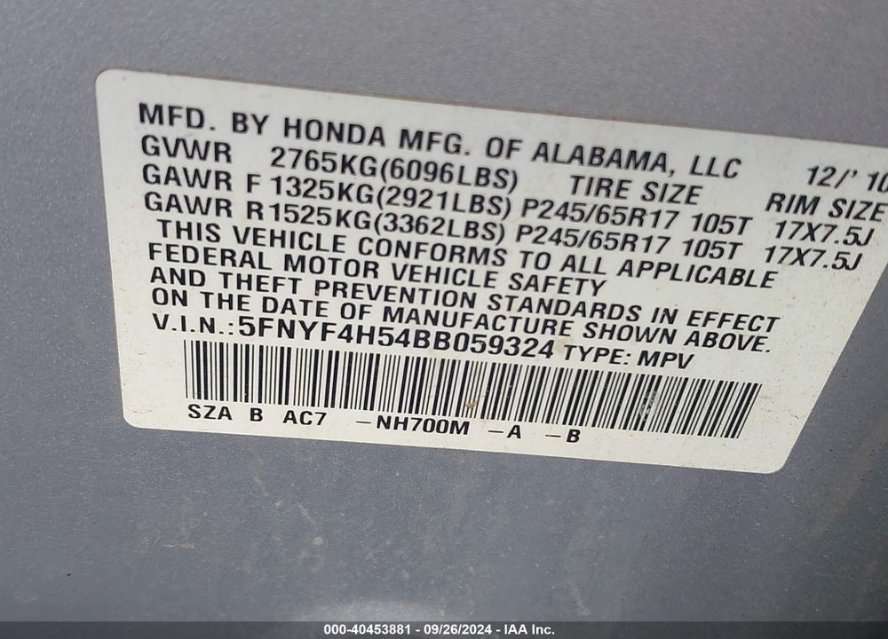 2011 HONDA PILOT EX-L VIN: 5FNYF4H54BB059324