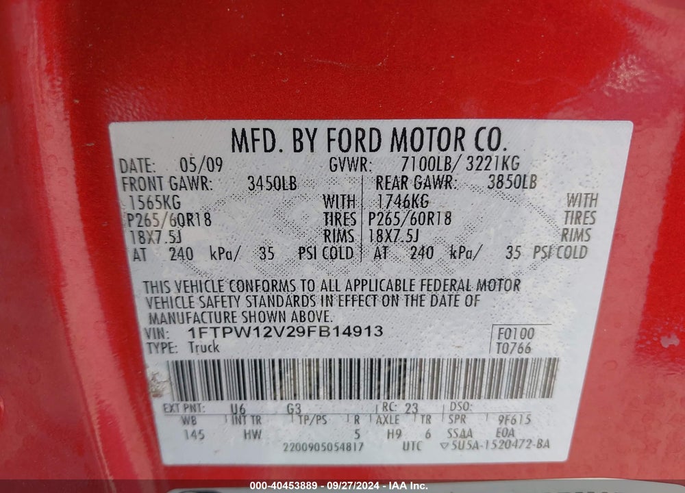 2009 FORD F-150 KING RANCH/LARIAT/PLATINUM/XL/XLT VIN: 1FTPW12V29FB14913