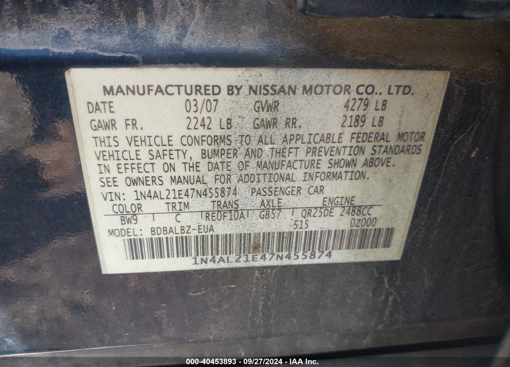 2007 NISSAN ALTIMA 2.5 S VIN: 1N4AL21E47N455874