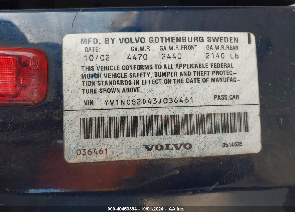 2003 VOLVO C70 HT VIN: YV1NC62D43J036461