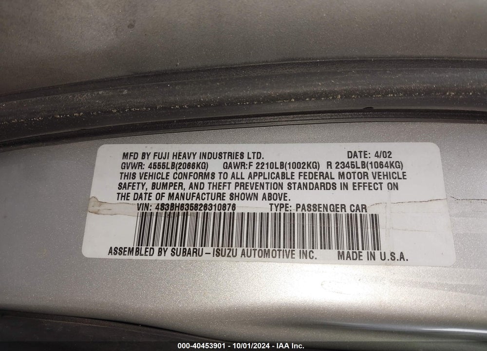 2002 SUBARU LEGACY VIN: 4S3BH635826310876