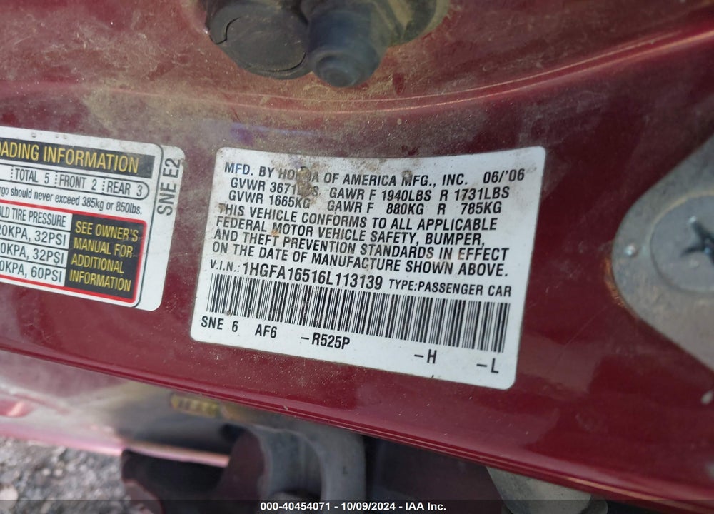 2006 HONDA CIVIC LX VIN: 1HGFA16516L113139