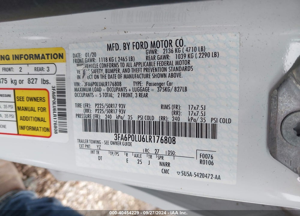 2020 FORD FUSION HYBRID SE VIN: 3FA6P0LU6LR176808