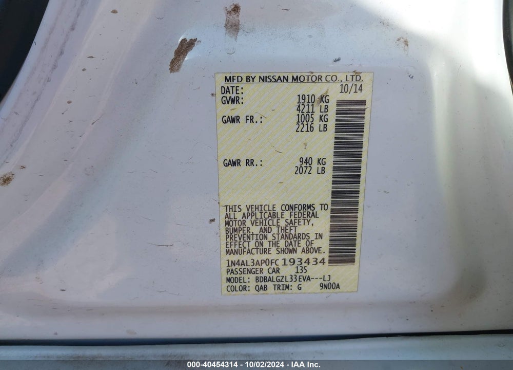 2015 NISSAN ALTIMA 2.5 S VIN: 1N4AL3AP0FC193434