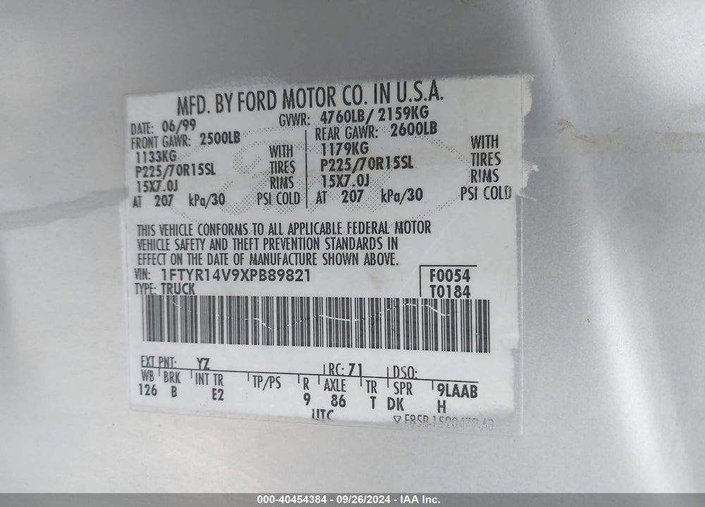 1999 FORD RANGER XL/XLT VIN: 1FTYR14V9XPB89821