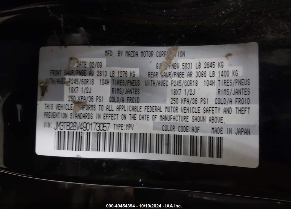 2009 MAZDA CX-9 SPORT VIN: JM3TB28V490173057