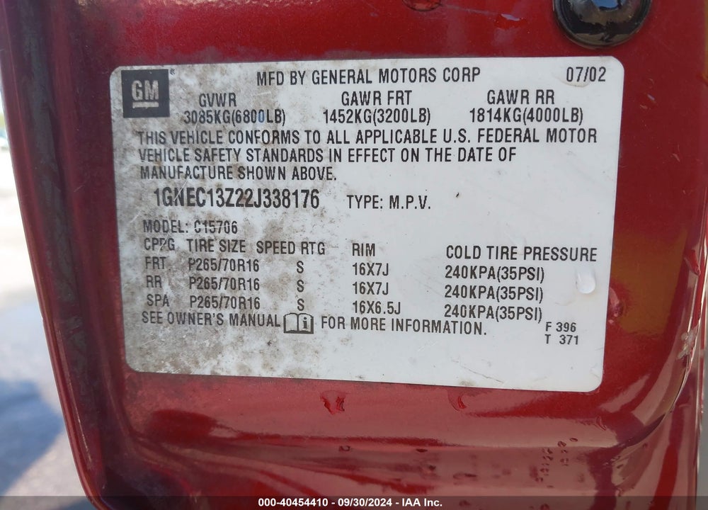 2002 CHEVROLET TAHOE LT VIN: 1GNEC13Z22J338176
