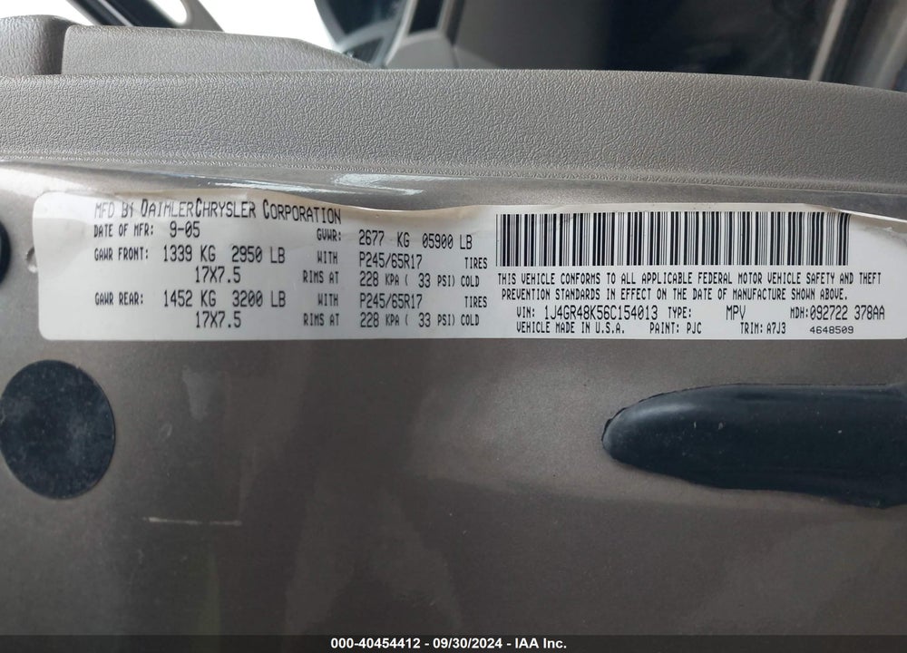 2006 JEEP GRAND CHEROKEE LAREDO VIN: 1J4GR48K56C154013