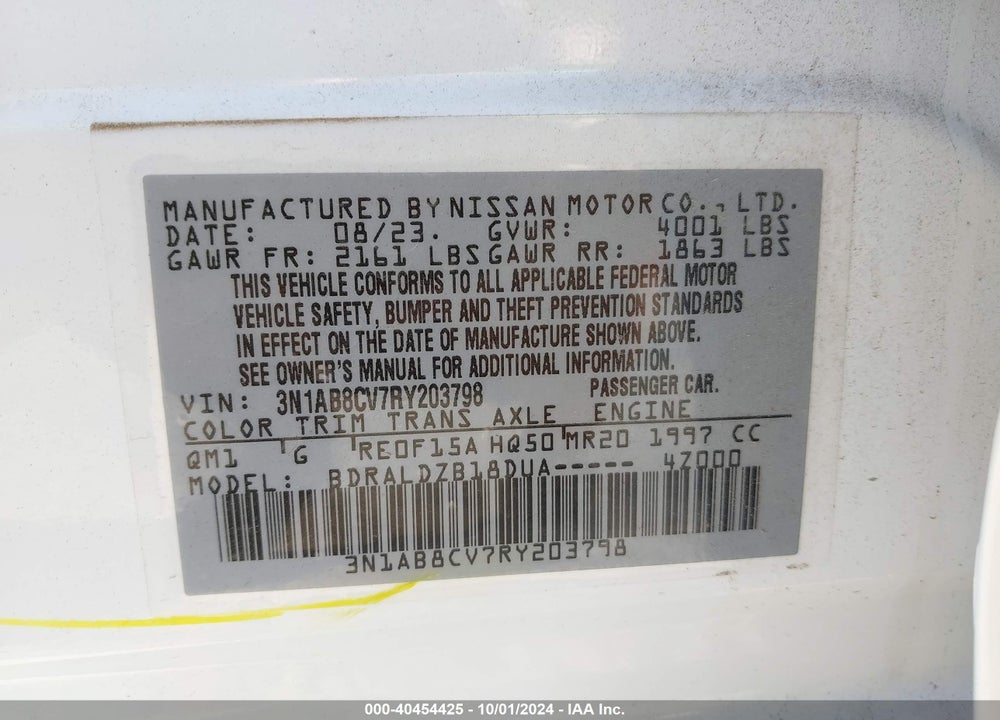 2024 NISSAN SENTRA SV XTRONIC CVT VIN: 3N1AB8CV7RY203798