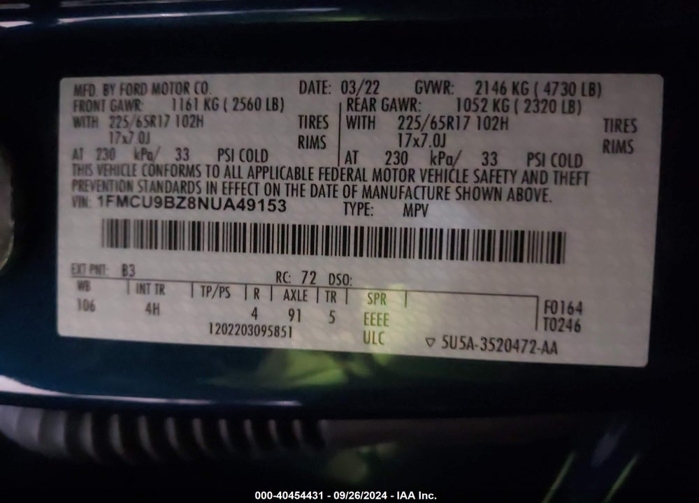 2022 FORD ESCAPE SE HYBRID VIN: 1FMCU9BZ8NUA49153