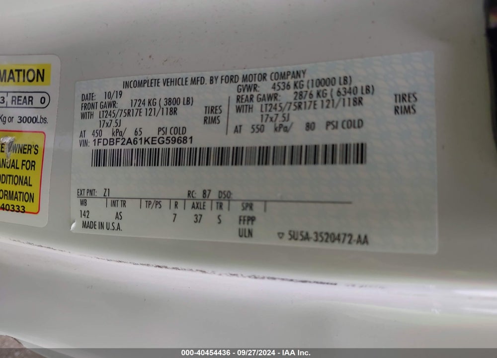 2019 FORD F-250 XL VIN: 1FDBF2A61KEG59681