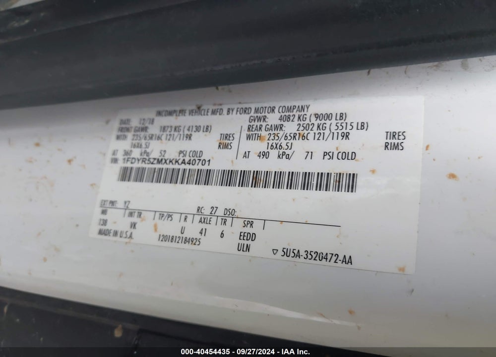 2019 FORD TRANSIT-250 CAB VIN: 1FDYR5ZMXKKA40701