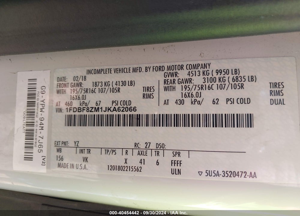 2018 FORD TRANSIT-350 CAB VIN: 1FDBF8ZM1JKA62066