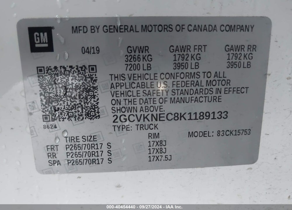 2019 CHEVROLET SILVERADO 1500 LD WT VIN: 2GCVKNEC8K1189133