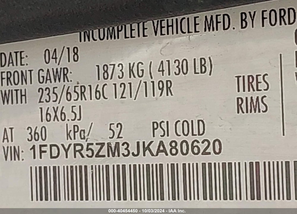 2018 FORD TRANSIT-250 CAB VIN: 1FDYR5ZM3JKA80620