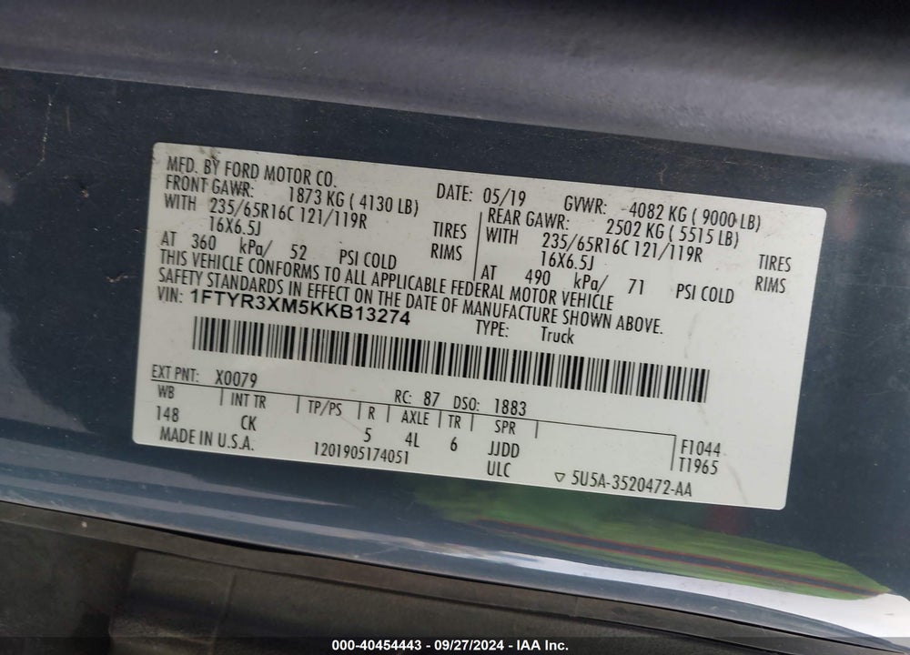 2019 FORD TRANSIT-250 VIN: 1FTYR3XM5KKB13274