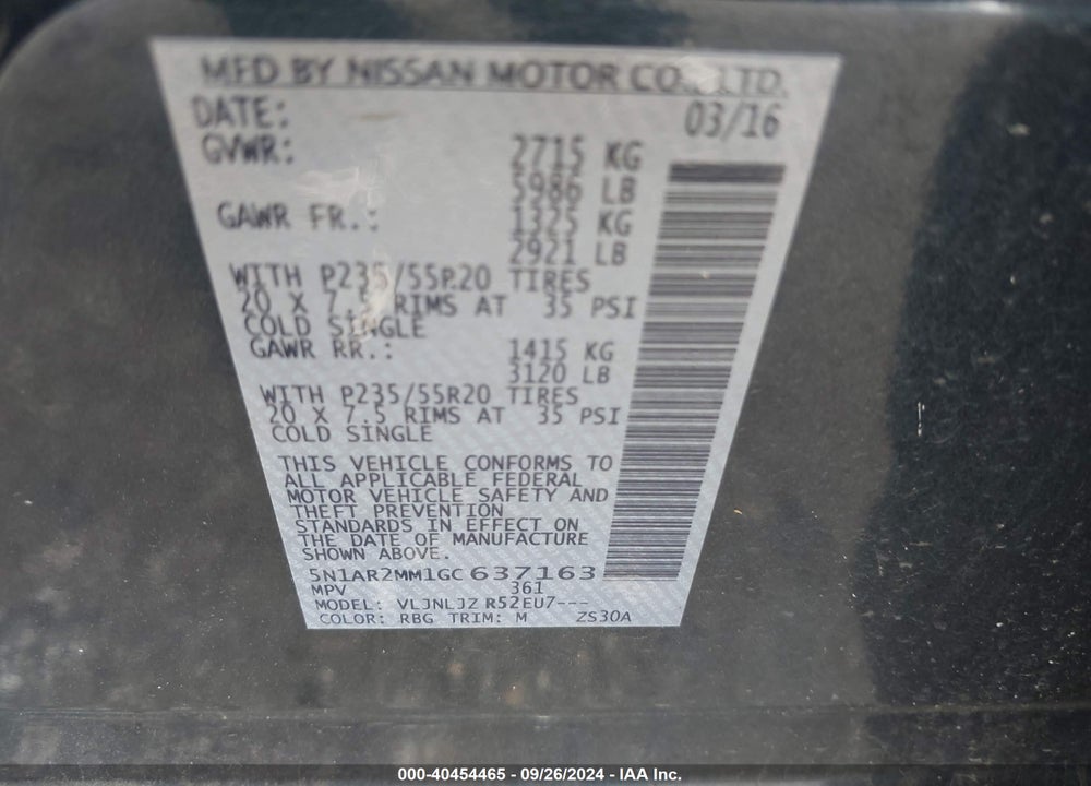 2016 NISSAN PATHFINDER PLATINUM VIN: 5N1AR2MM1GC637163