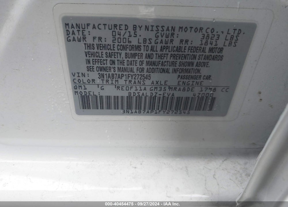 2015 NISSAN SENTRA SV VIN: 3N1AB7AP1FY272545