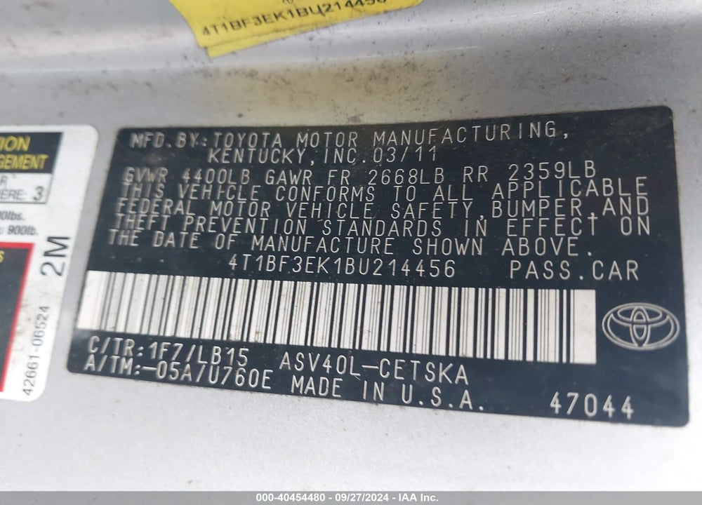 2011 TOYOTA CAMRY SE VIN: 4T1BF3EK1BU214456