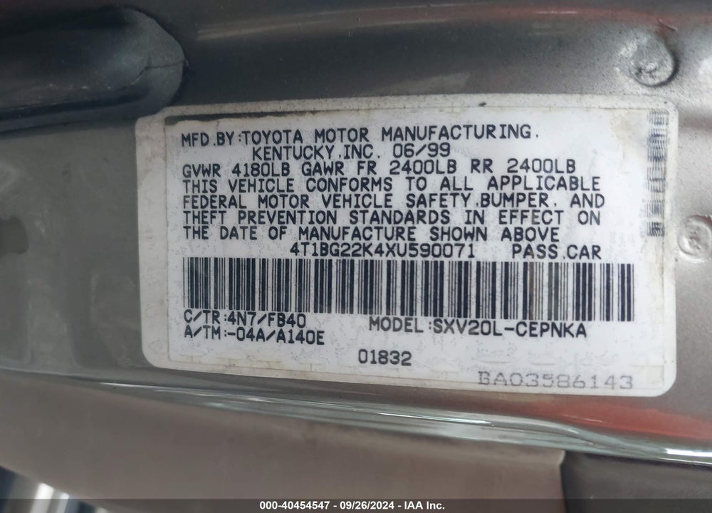 1999 TOYOTA CAMRY LE VIN: 4T1BG22K4XU590071