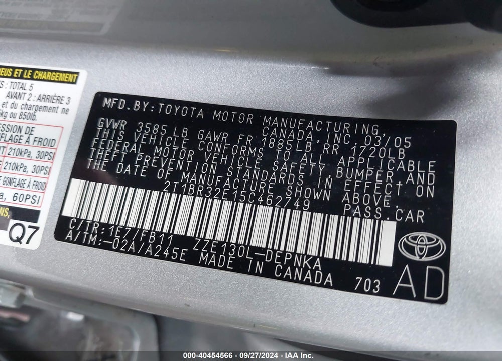 2005 TOYOTA COROLLA LE VIN: 2T1BR32E15C462749