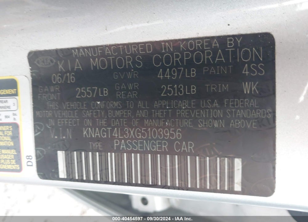 2016 KIA OPTIMA LX VIN: KNAGT4L3XG5103956