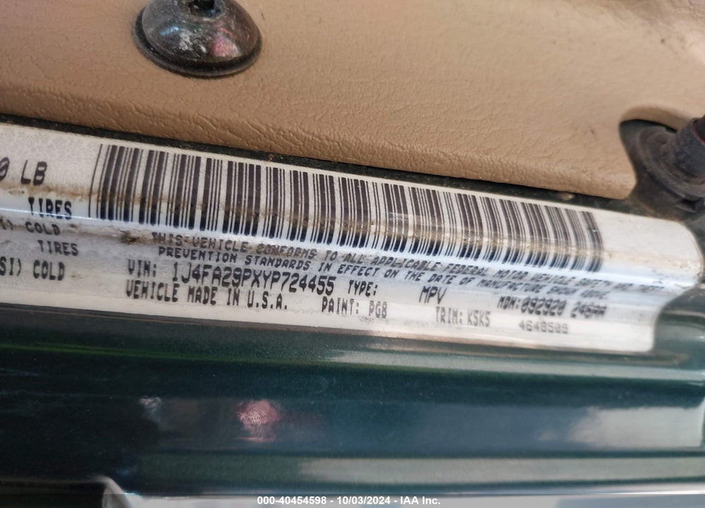 2000 JEEP WRANGLER SE VIN: 1J4FA29PXYP724455