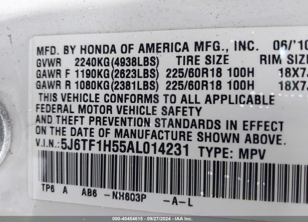 2010 HONDA ACCORD CROSSTOUR EX-L VIN: 5J6TF1H55AL014231